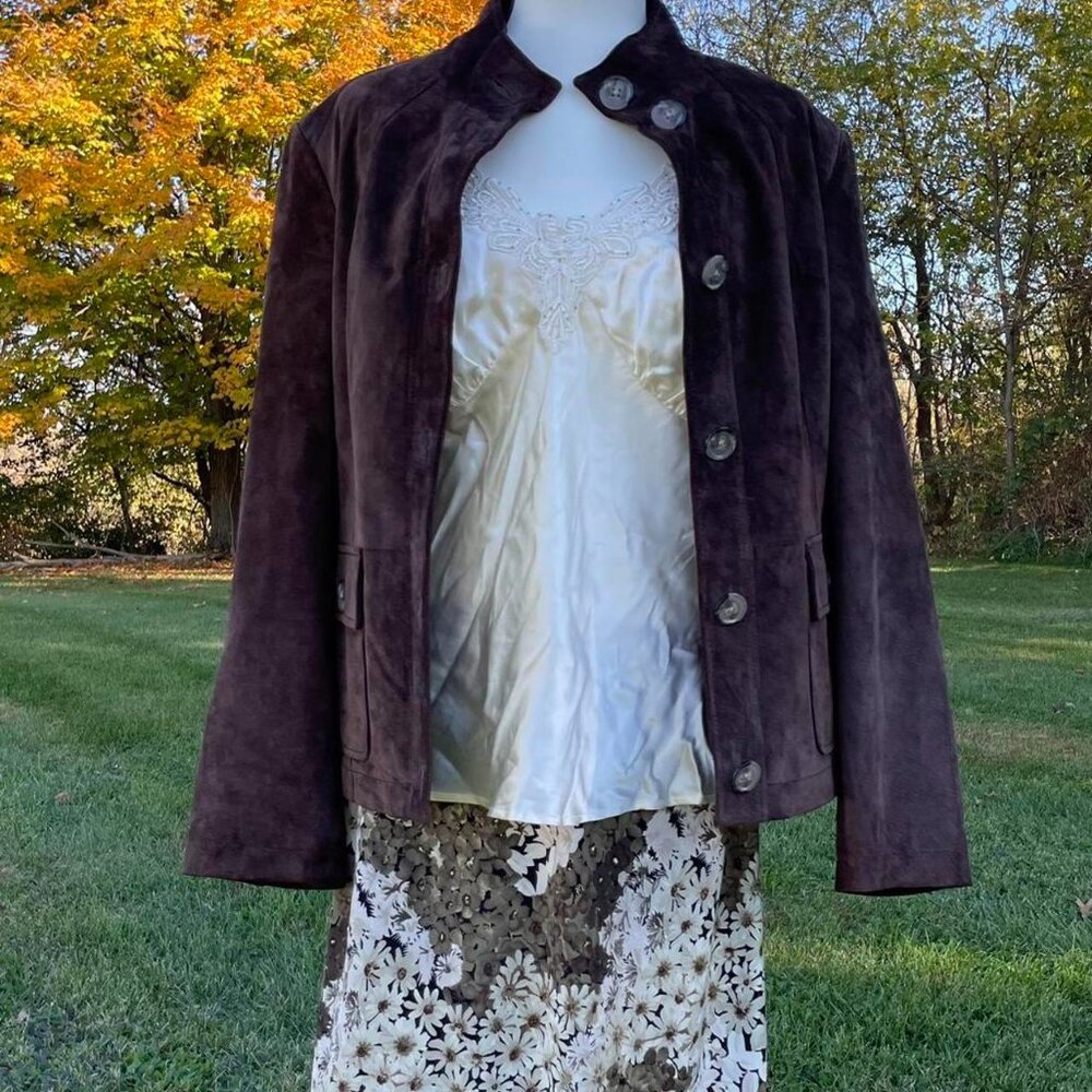Chocolate Brown Suede Jacket with posh button details on the front and cuffs